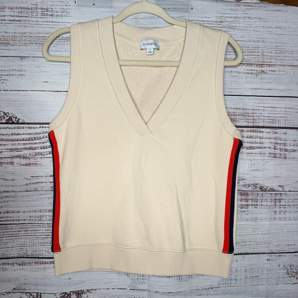 Evereve V Neck Sweater Vest Cream Stripe Side Trim Size Small